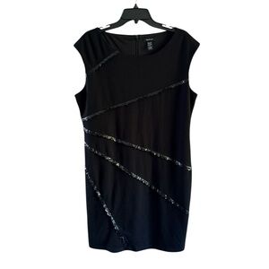 Spense Women’s Black Knit dress faux leather lasercut trim Assymetrical design